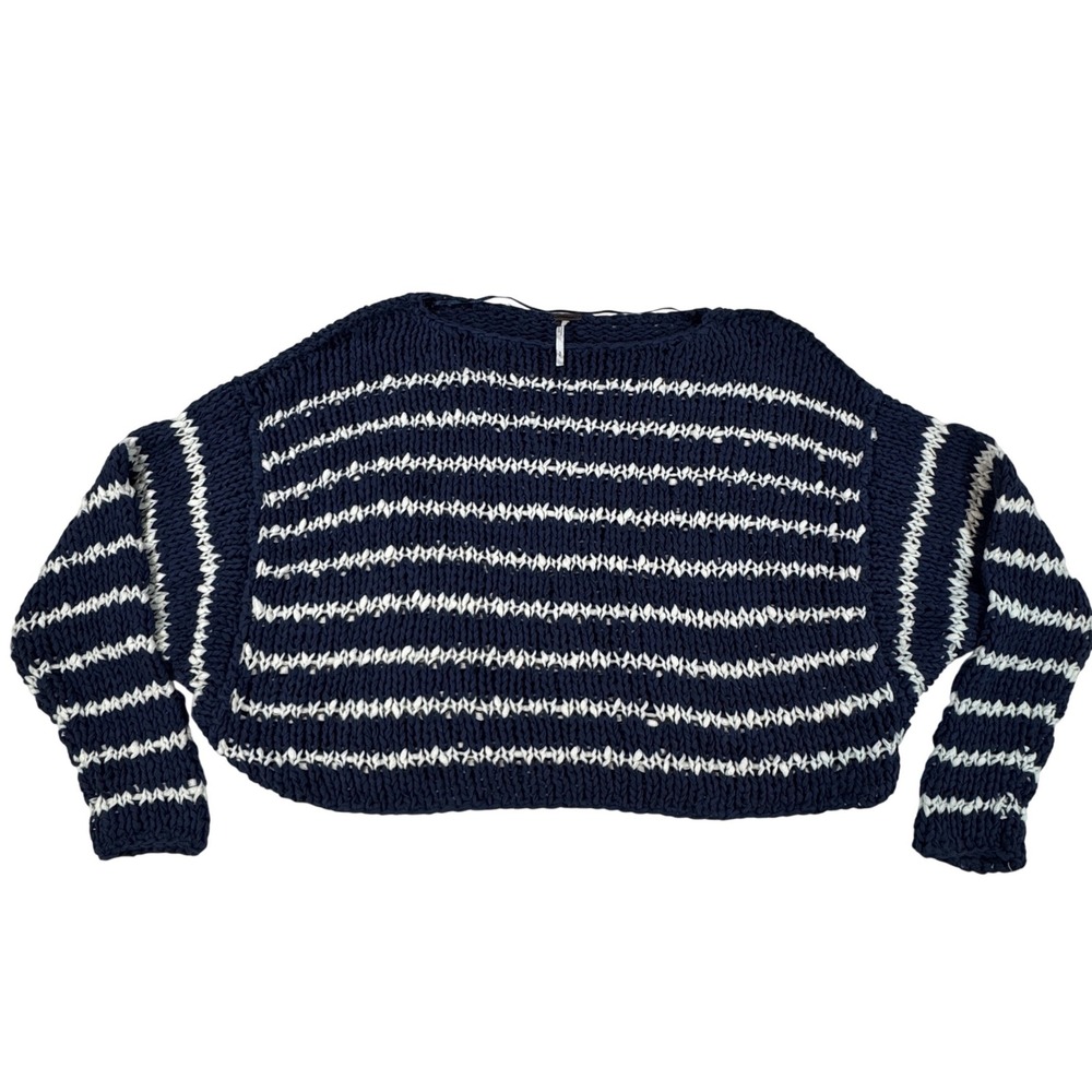 Free People Navy White Striped‎ Chunky Knit Cropped Sweater Small Cotton Slouchy